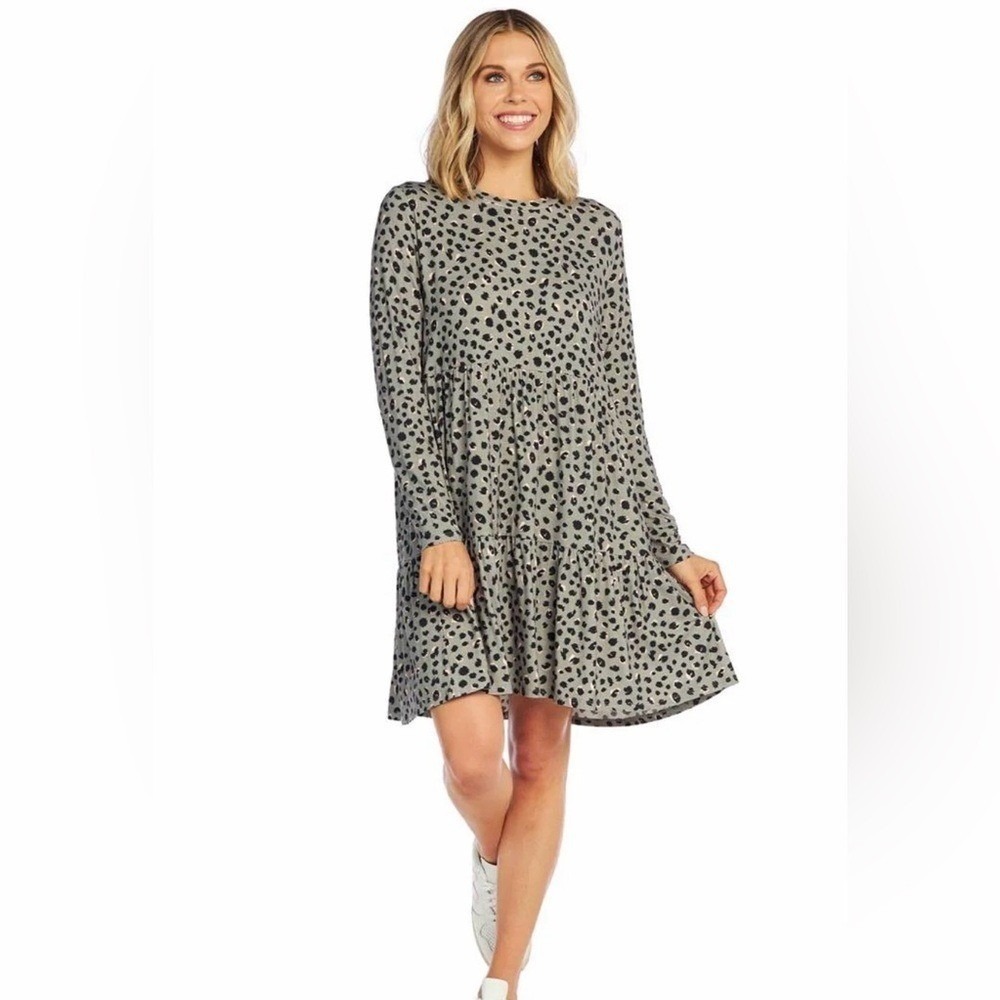 MUD PIE Animal Print Dress Sage Gray Stretch Jersey Women's Large Long Sleeves